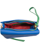 Blue pebbled clutch, open, showing red lining, green wrist strap and accents, gold zipper.