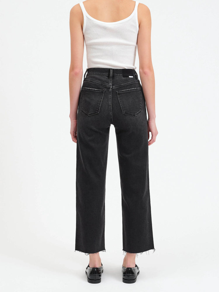 Dark gray, high-waisted wide-leg pants with a frayed hem. Back view.