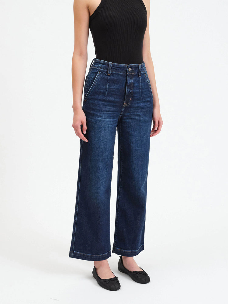 Dark wash, wide-leg jeans with slash pockets. High-waisted.