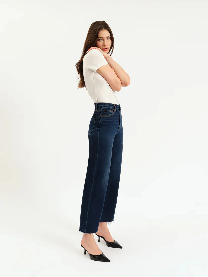 Dark blue, high-rise, wide-leg jeans with a frayed ankle hem.