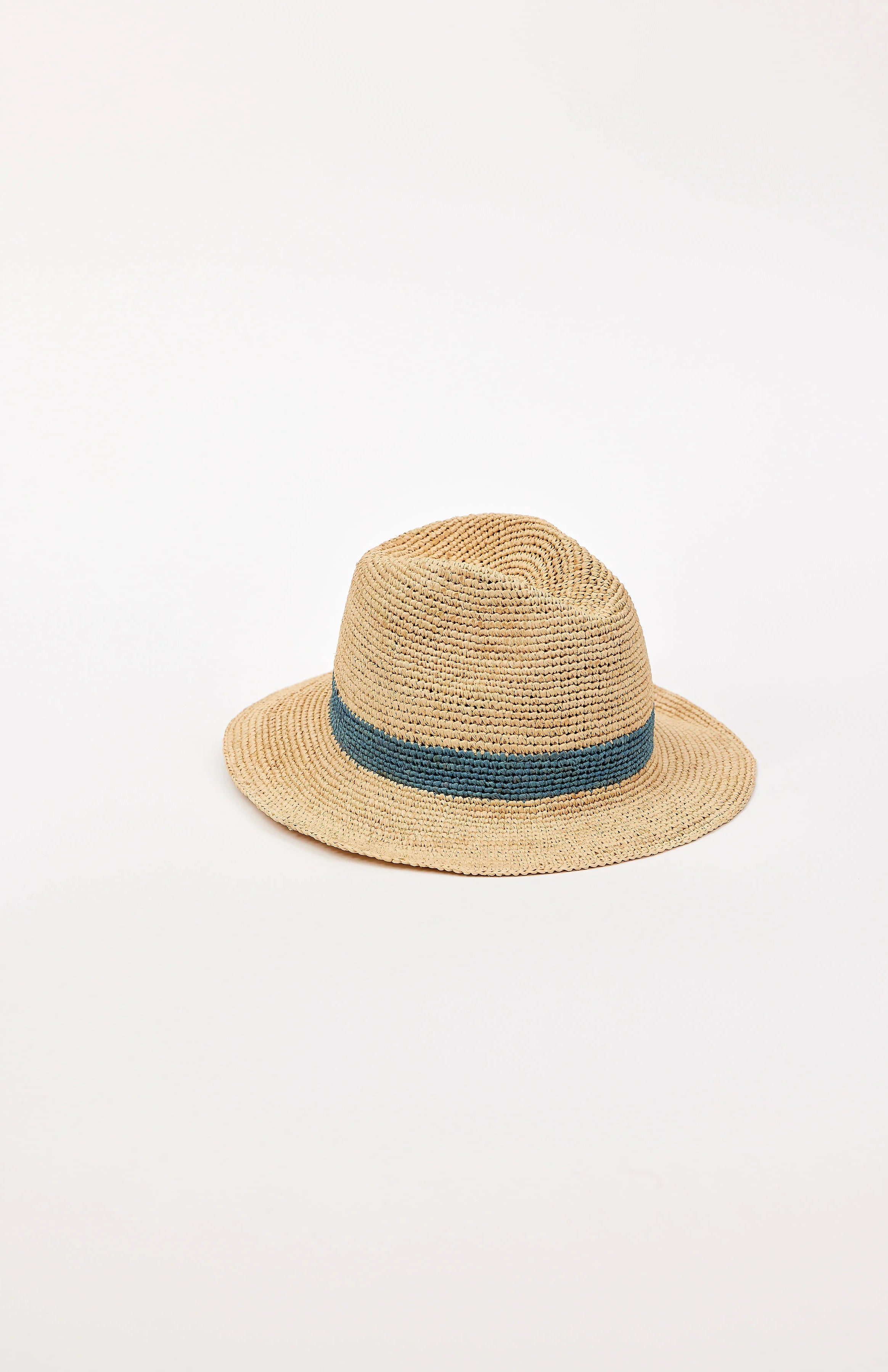 Straw fedora in natural tan with a woven teal blue band around the crown.