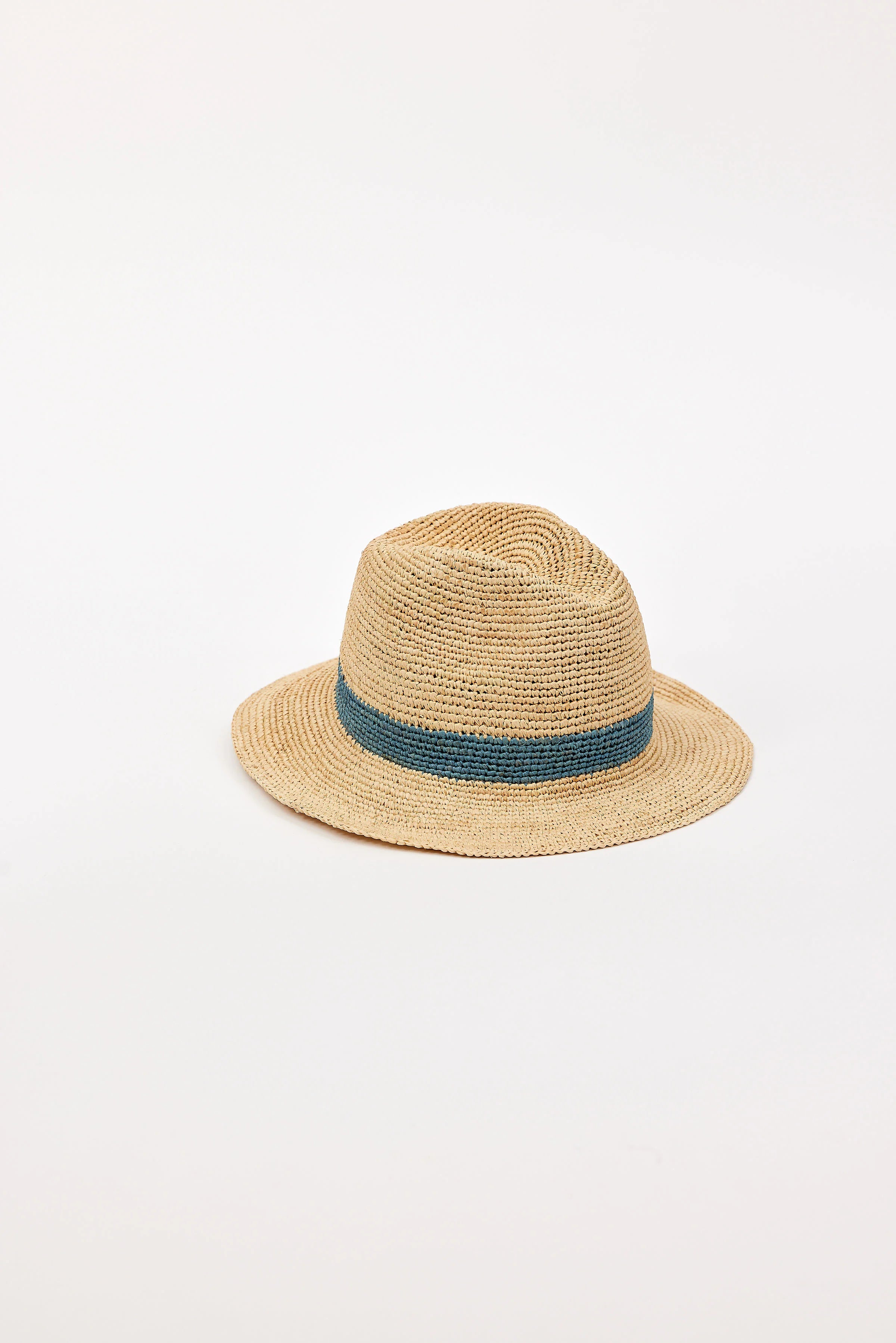 Straw fedora in natural tan with a woven teal blue band around the crown.