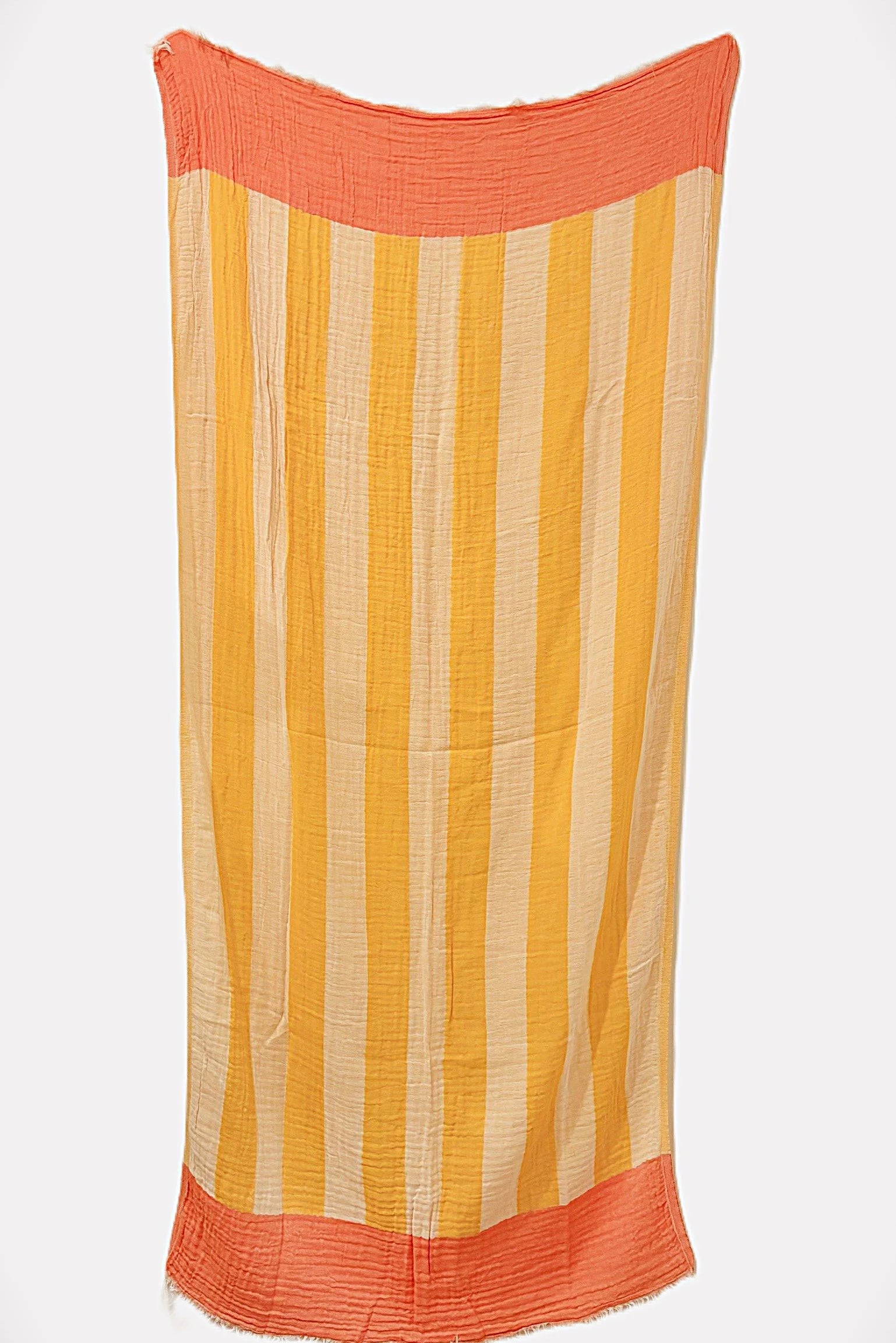 Vertical striped towel with mustard yellow and beige stripes, and textured coral-orange bands at top and bottom.