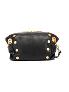 Black leather crossbody clutch; gold studs and hardware; red zipper.