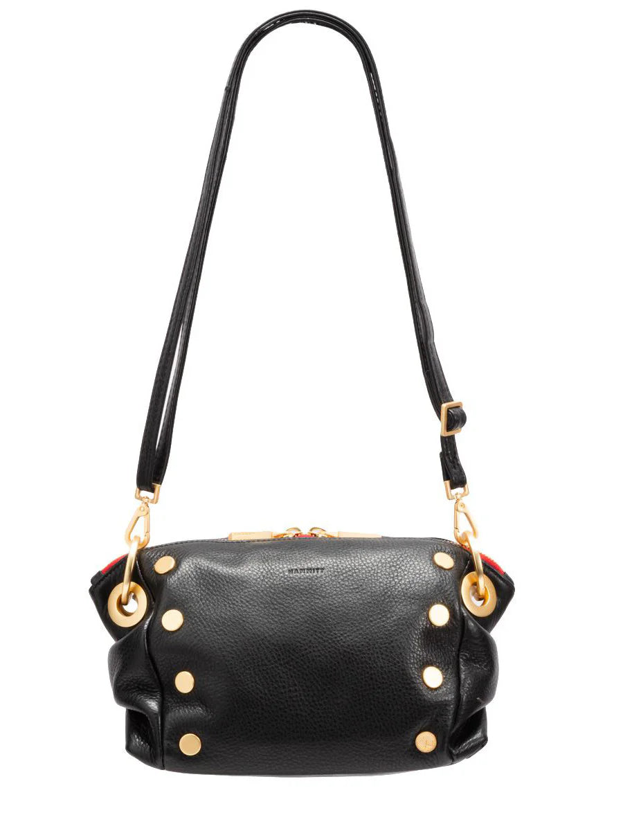 Black leather crossbody clutch with gold studs, red interior accents, and long black strap.