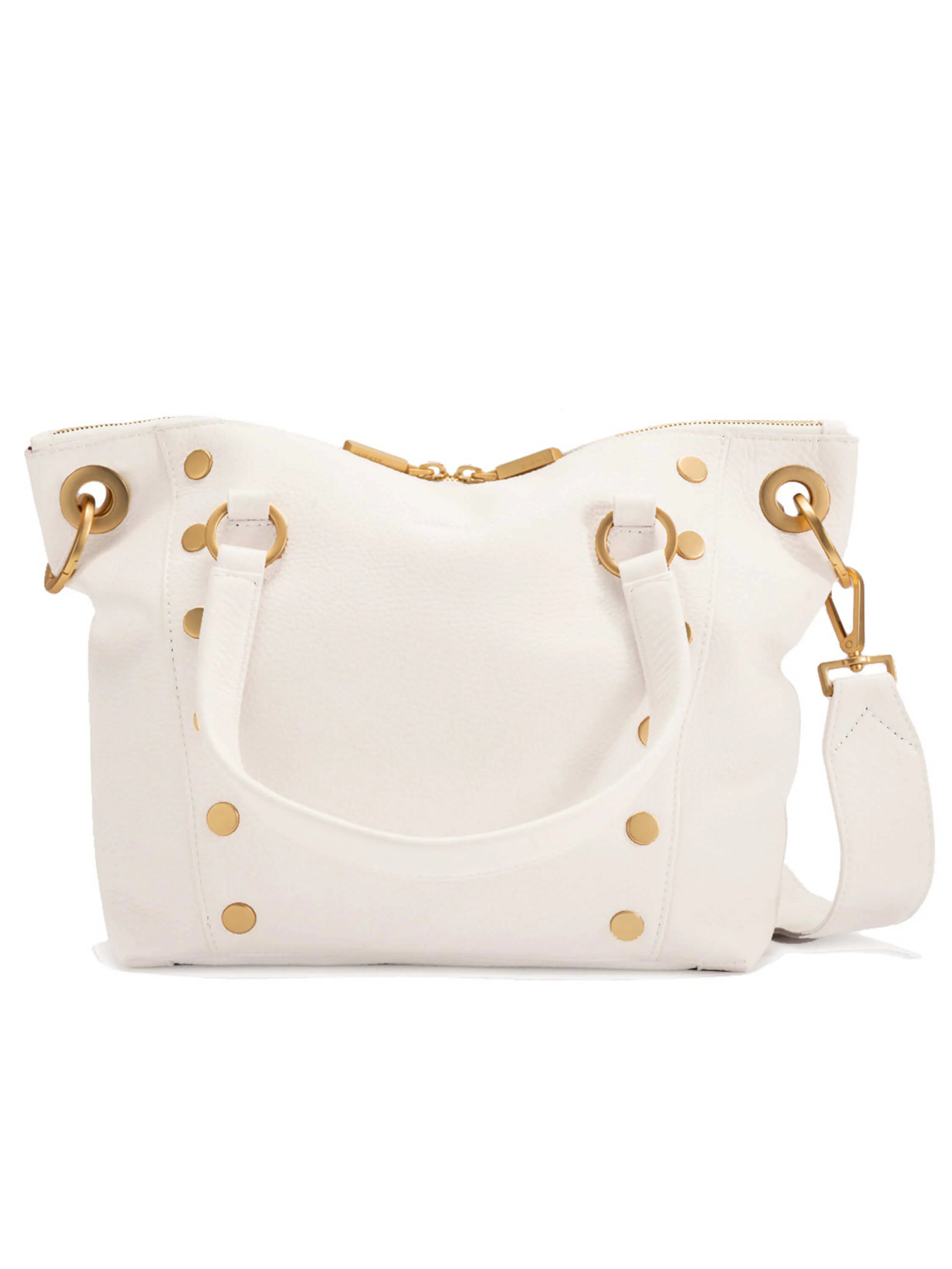Off-white satchel with gold-tone hardware, top zip closure, dual top handles, and detachable shoulder strap.