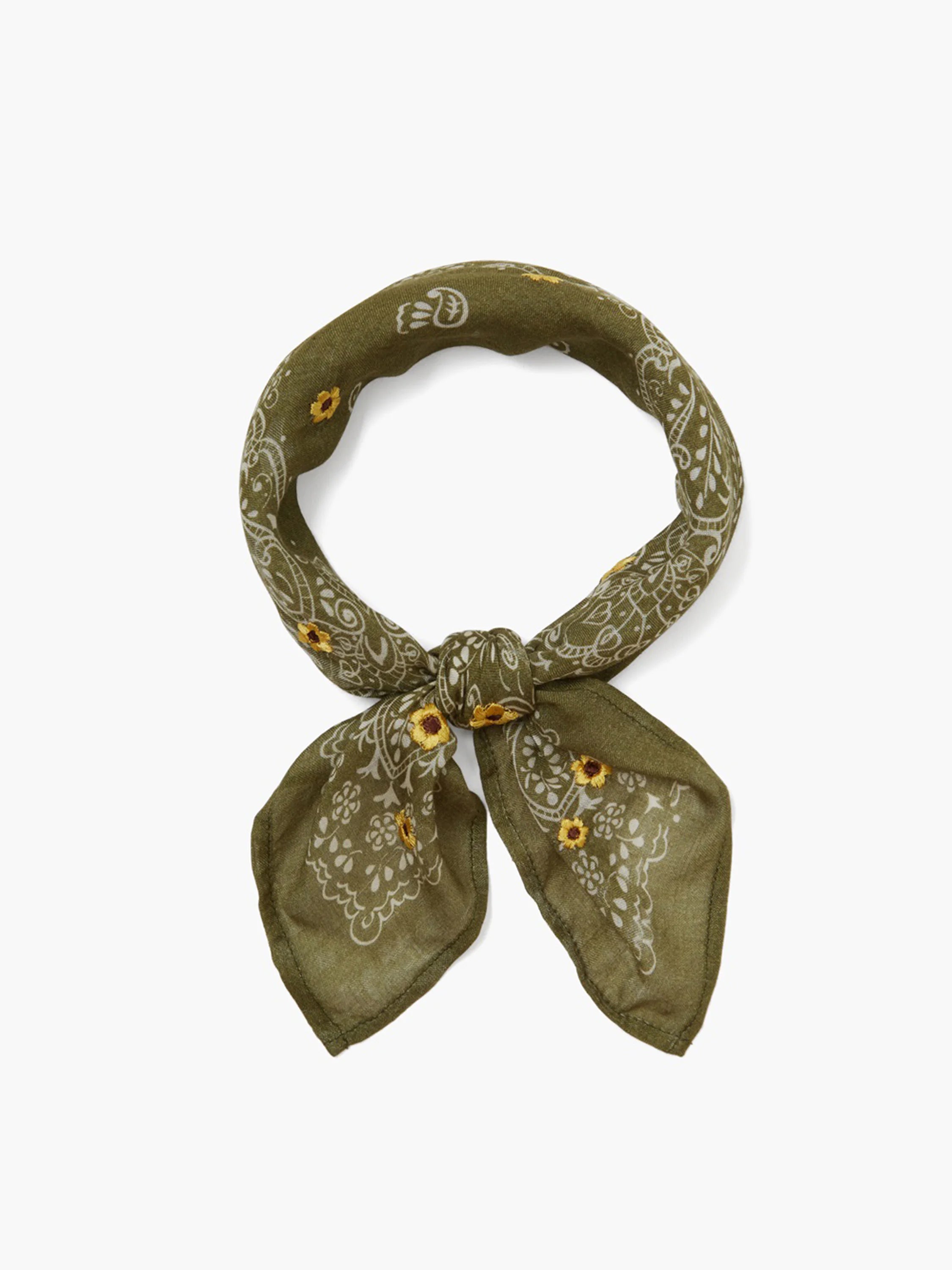 Olive green bandana with off-white paisley pattern and yellow embroidered sunflowers. Tied in a knot.