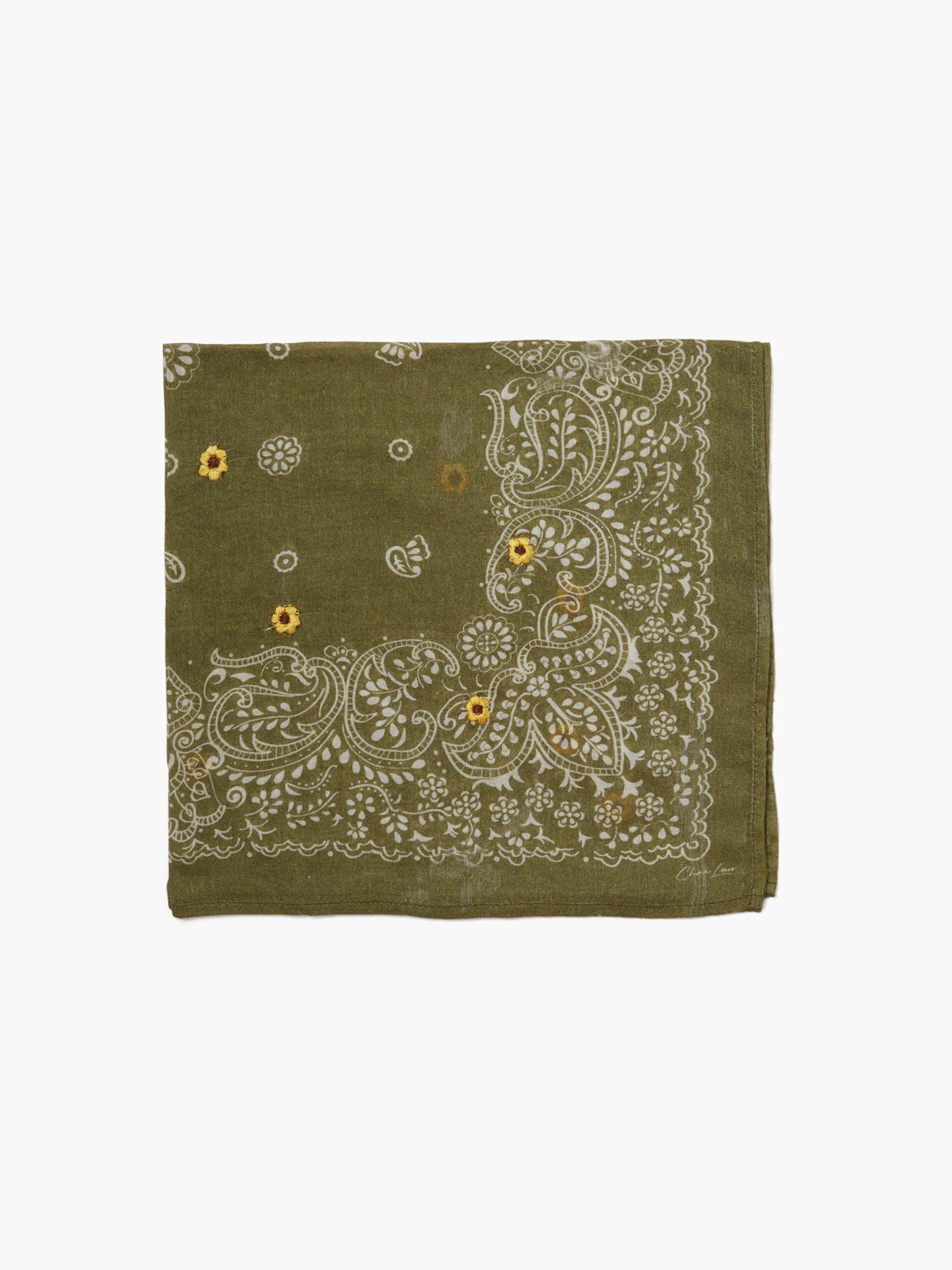 Olive green bandana with off-white paisley pattern and yellow embroidered flowers.