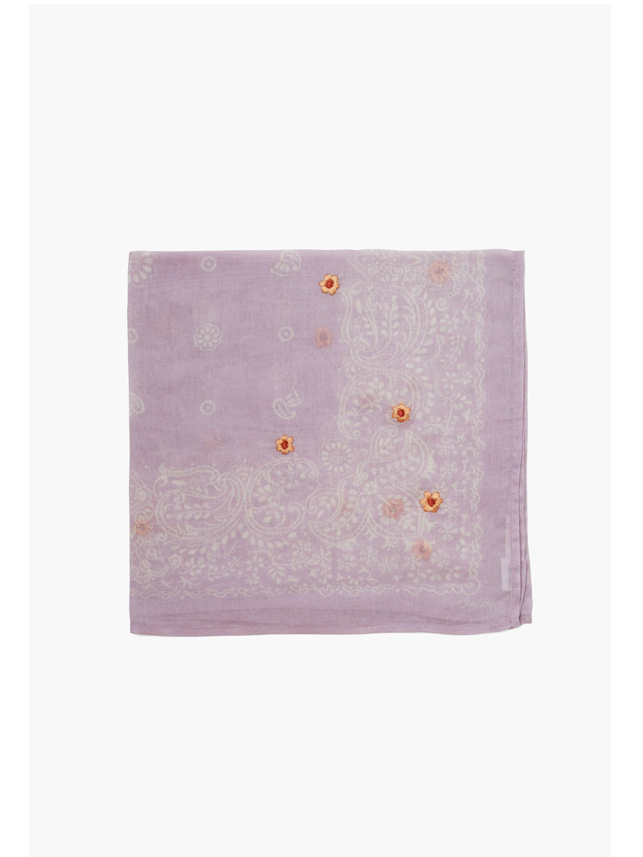Lavender bandana with off-white paisley print & small orange embroidered flowers.