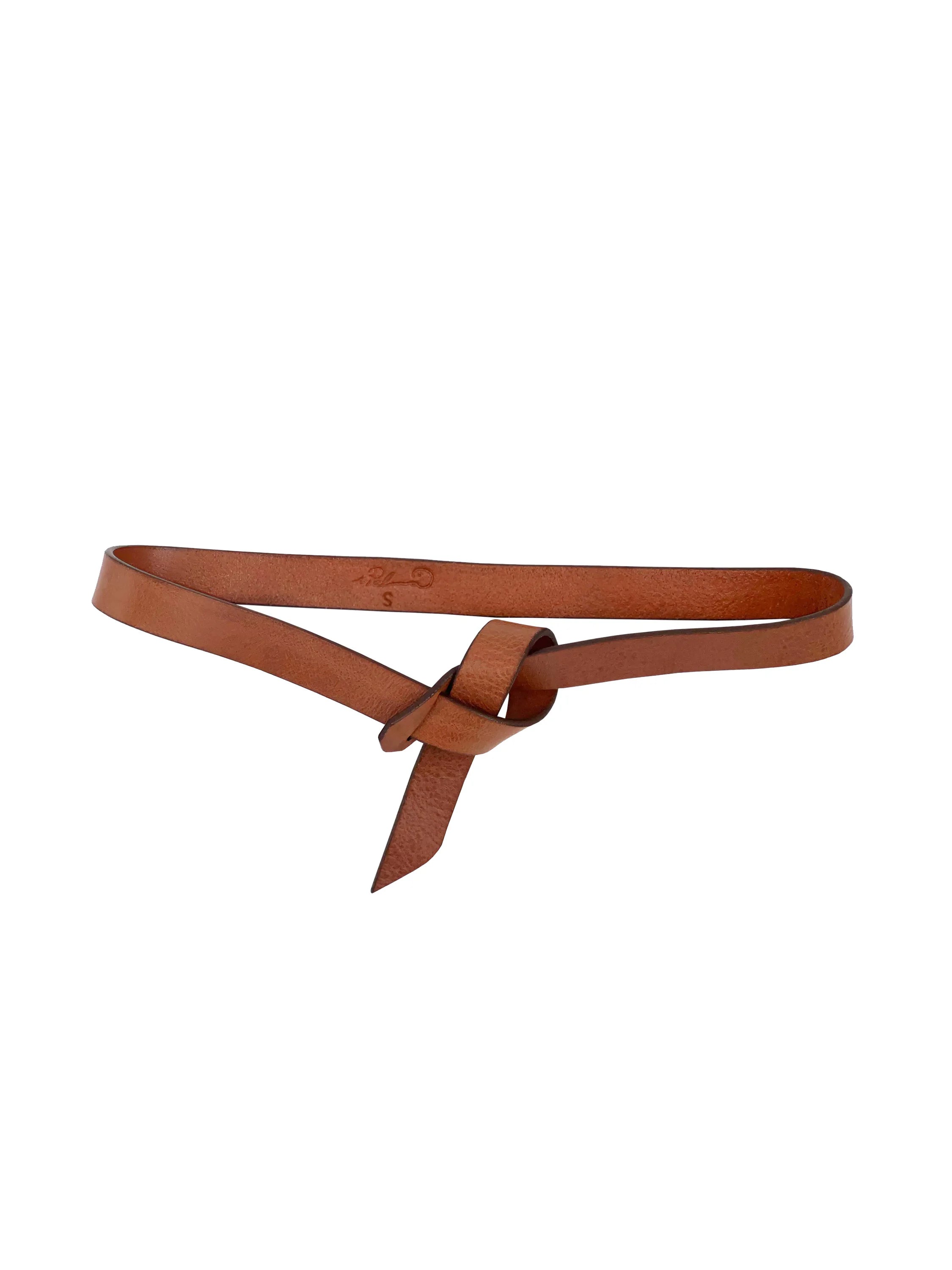 Thin brown leather belt with a central knot; no buckle.