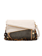 Off-white leather & black & white checkered fabric small bag.  Tortoiseshell chain strap, gold zipper, beige tassel.