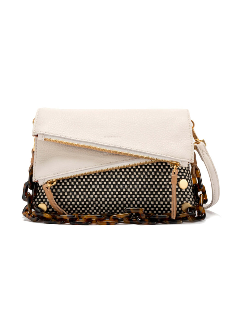 Off-white leather & black & white checkered fabric small bag. Tortoiseshell chain strap, gold zipper, beige tassel.
