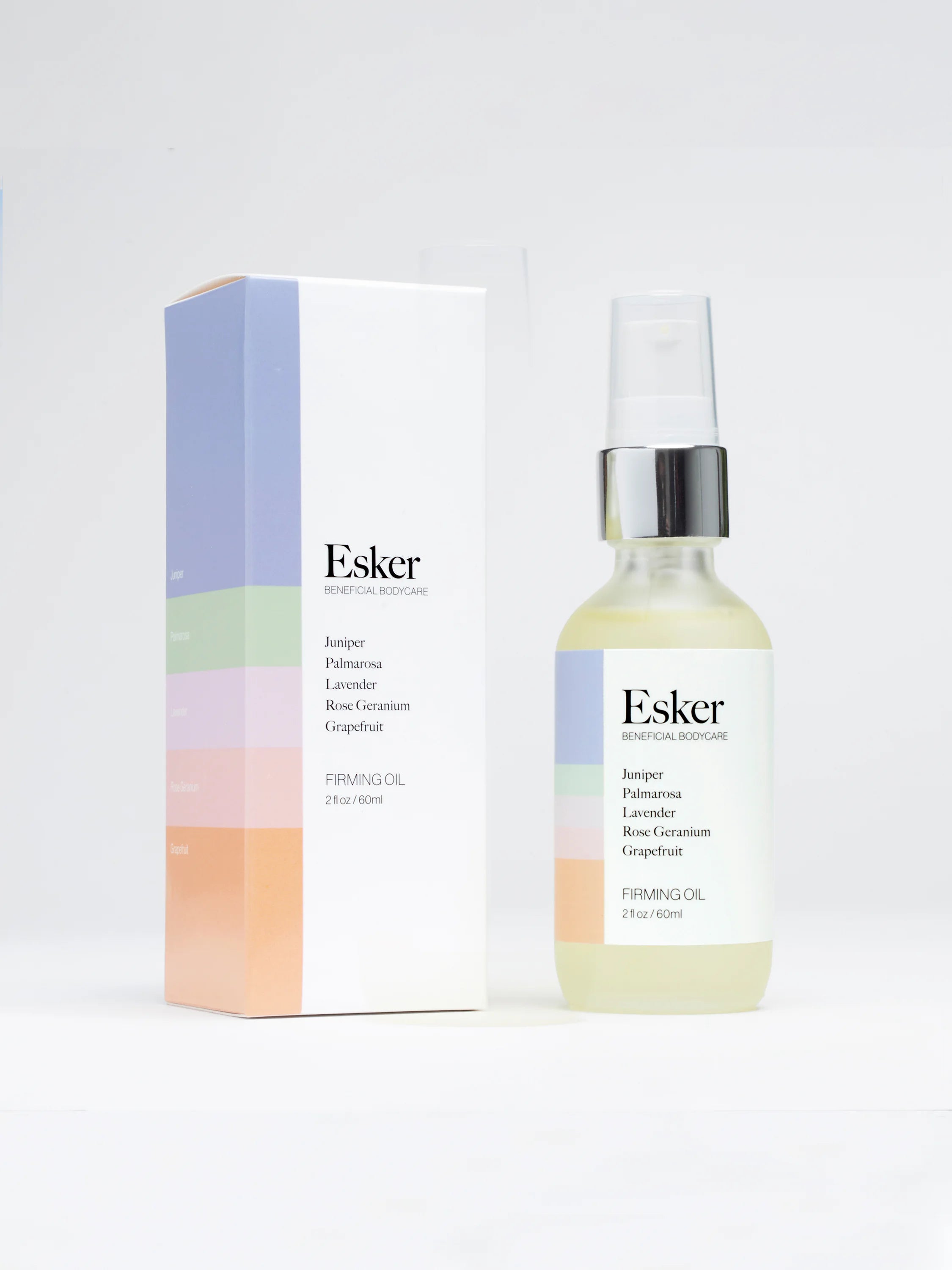 Clear glass bottle with silver top, light yellow oil, & pastel-colored box.