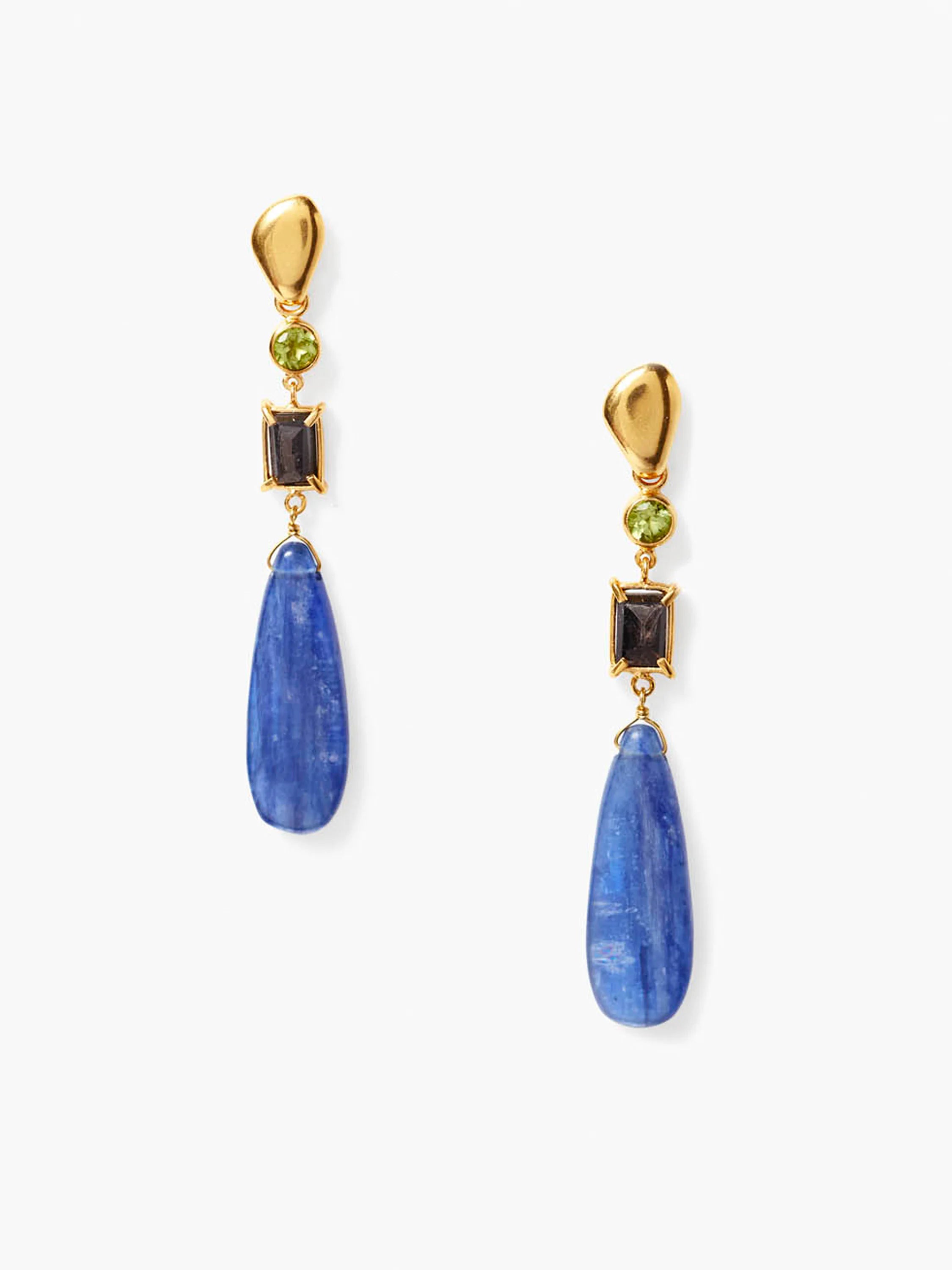 Gold drop earrings with organic stud, round green, rectangular dark gray, and long teardrop blue stones.