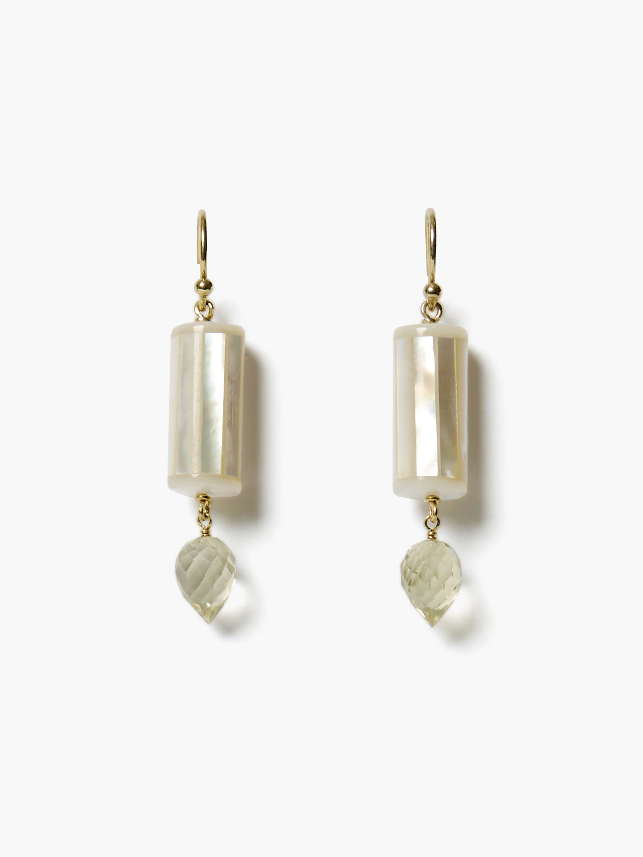 Gold hook earrings with iridescent white mother-of-pearl cylinders and pale green faceted teardrop gems.