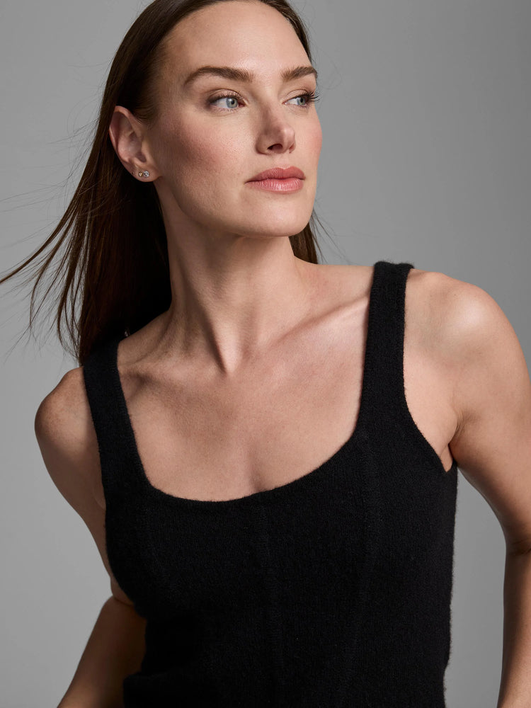 Black cashmere tank top with a square neck and soft, fuzzy texture.