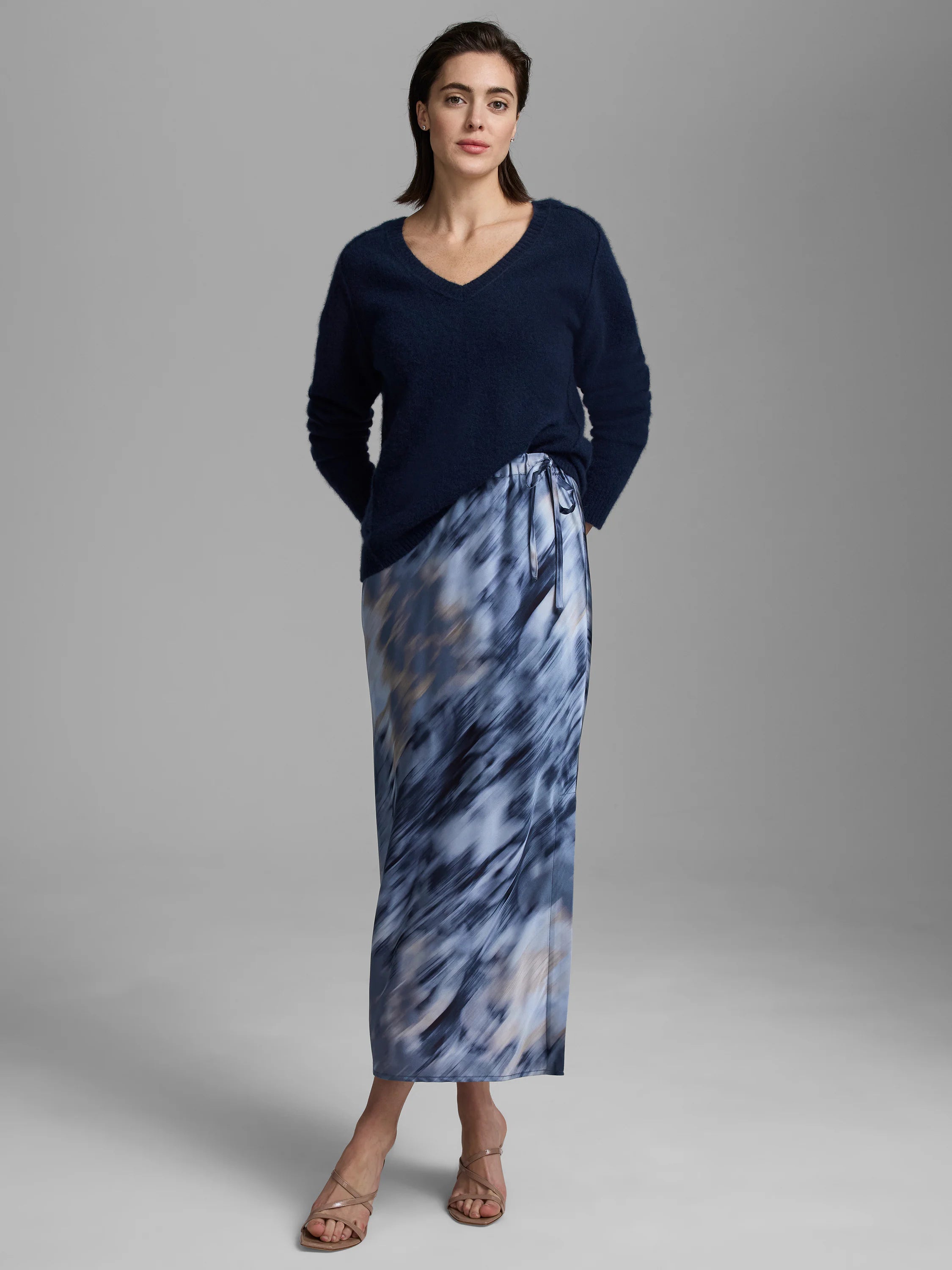 Abstract blue, navy, & beige swirled slip skirt. Drawstring waist, tied. Midi length.