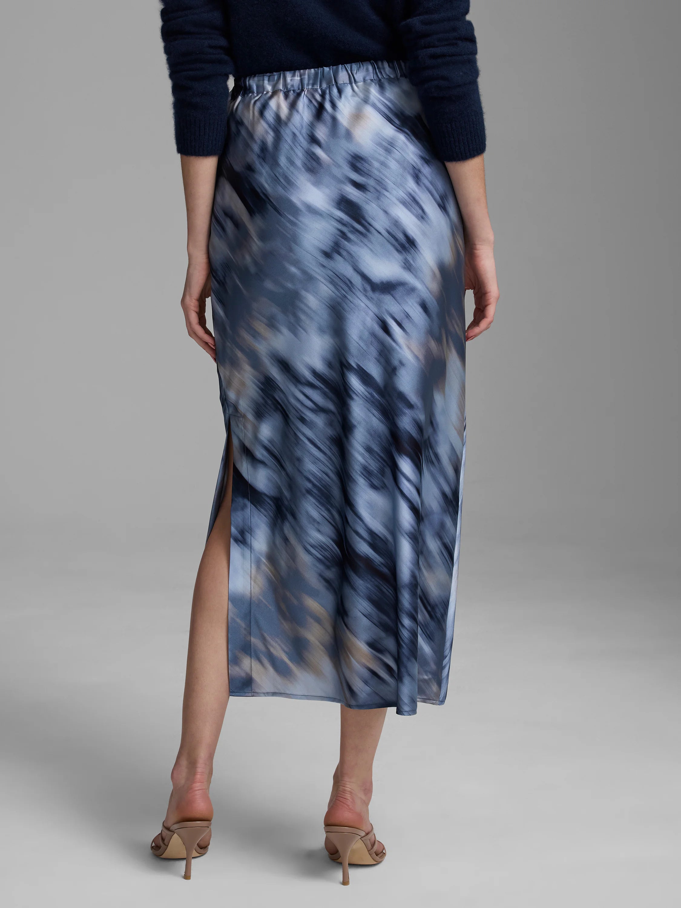 Blue, gray, tan marbled silk slip skirt with elastic waist and left slit.