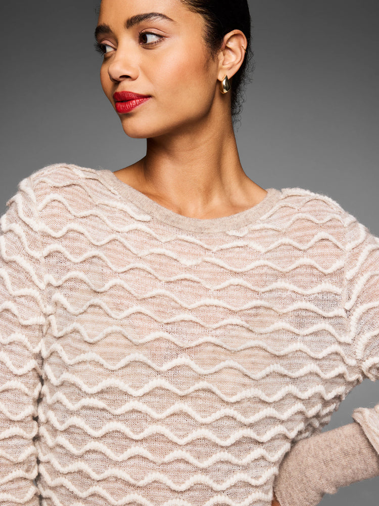 Light beige sheer knit sweater with prominent raised cream wavy stitch pattern.