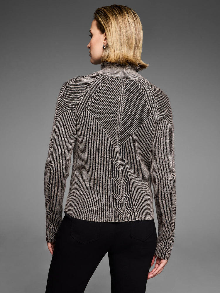 Black and tan knit cardigan with vertical stripes and engineered chevron patterns on the back and sleeves. Ruffled high neck.