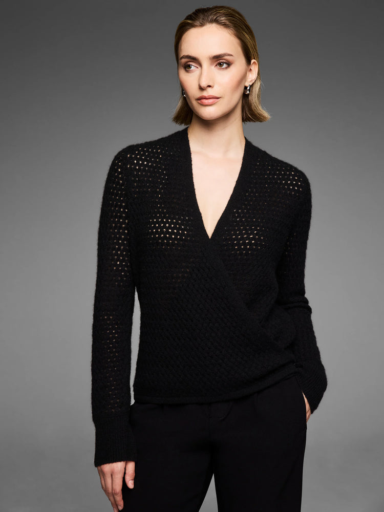 Black pointelle knit wrap cardigan with a deep V-neck and openwork pattern.