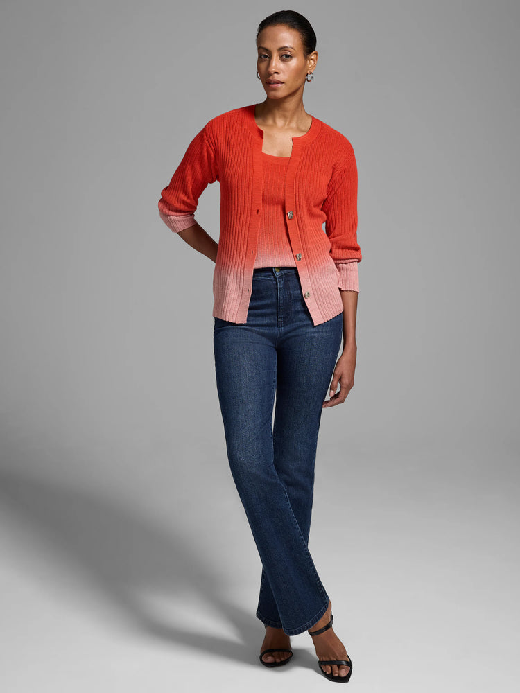 Ombre knit sweater tank and cardigan set. Bright orange to pale pink gradient. Ribbed texture. Button front cardigan.