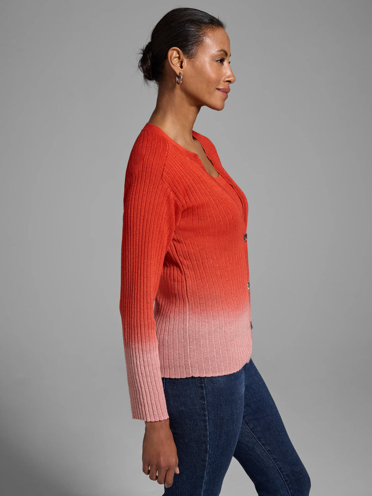 Ribbed cardigan, ombre dyeing from coral to pale pink. Three-quarter sleeves, button front.
