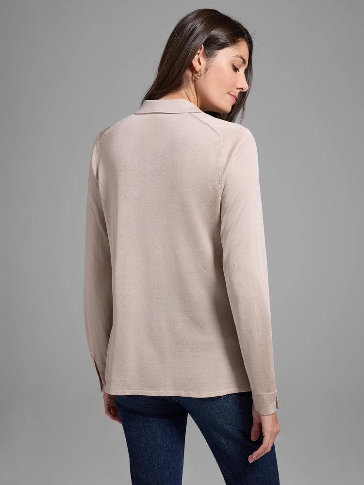 Light beige long-sleeve collared sweater, shown from the back. Slightly drapey fit.