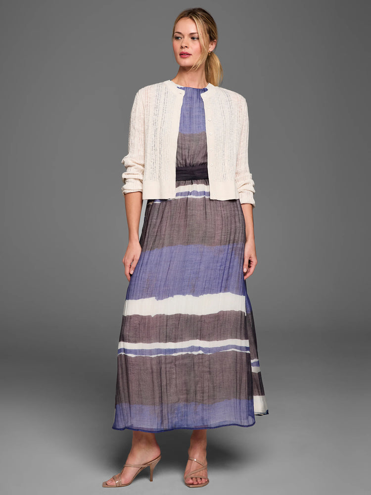 Off-white pointelle stitch cardigan. Cropped, open-knit design with front buttons.