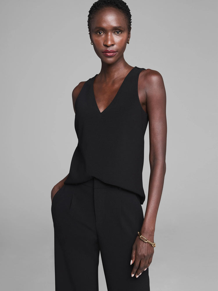 Black knit scuba V-neck tank top. Features a deep V-neck and sleeveless design.