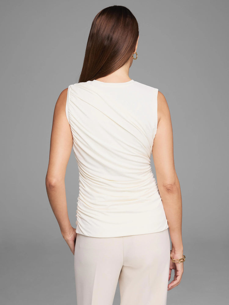 Cream sleeveless jersey tank, back view, with extensive diagonal and horizontal draping and ruching.