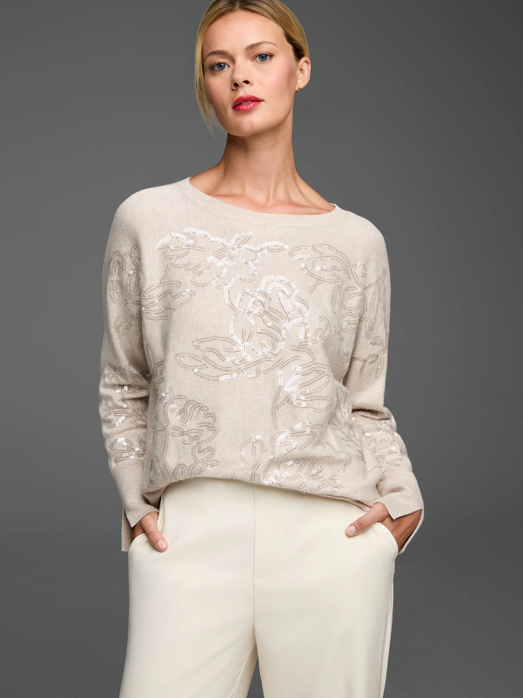 Light beige sweater with an all-over floral design made of shimmering white sequins.
