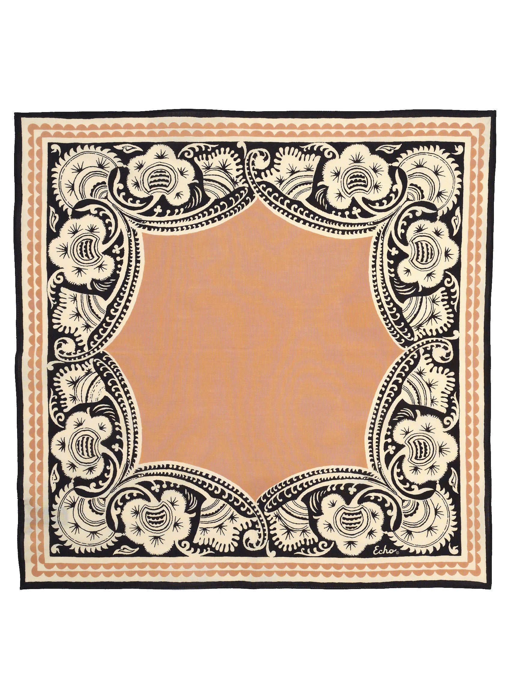 Square bandana: peach center, framed by intricate black, cream, and peach floral-scrollwork borders.