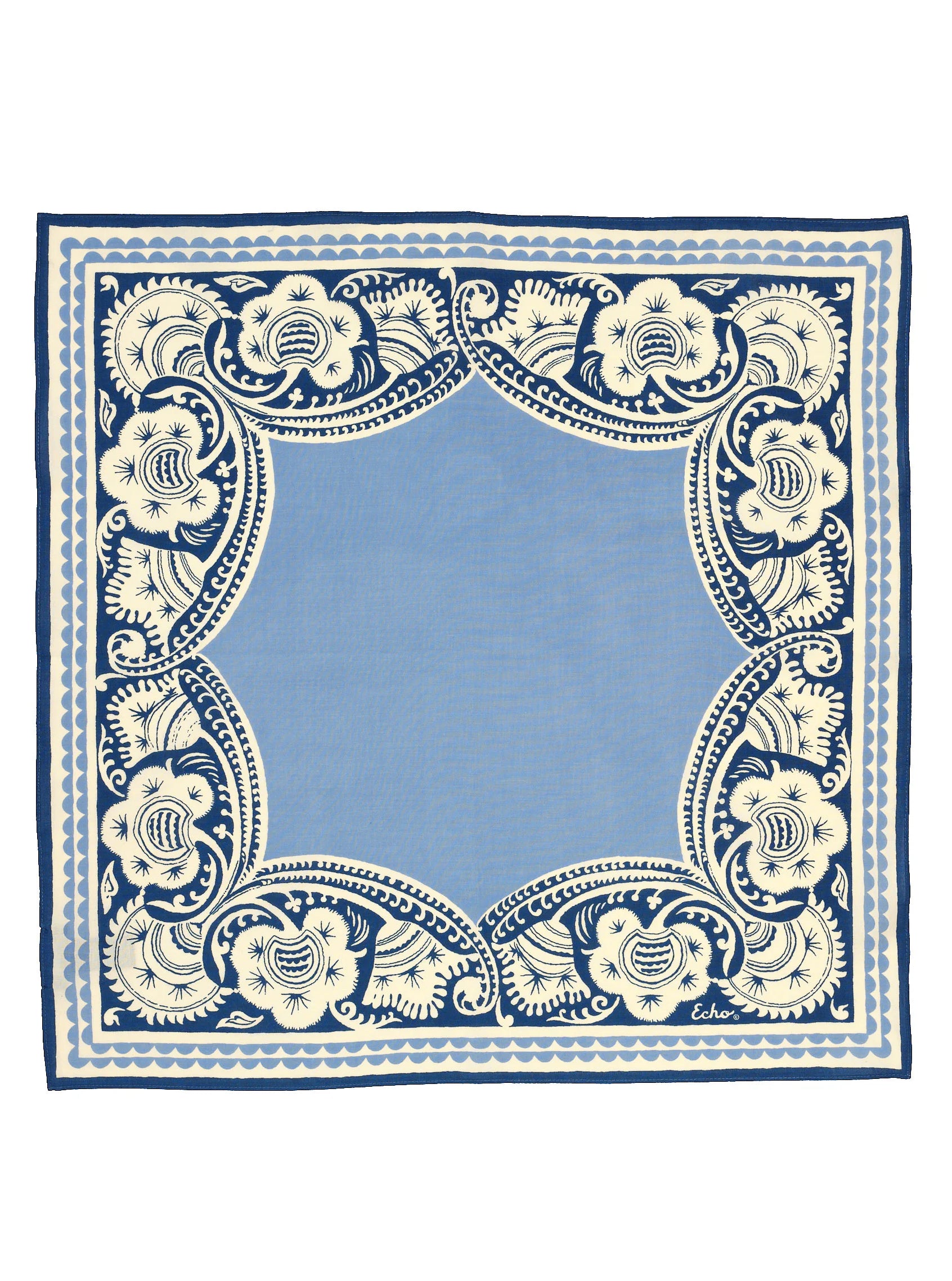 Square bandana. Sky blue center with a detailed navy blue & cream floral border.