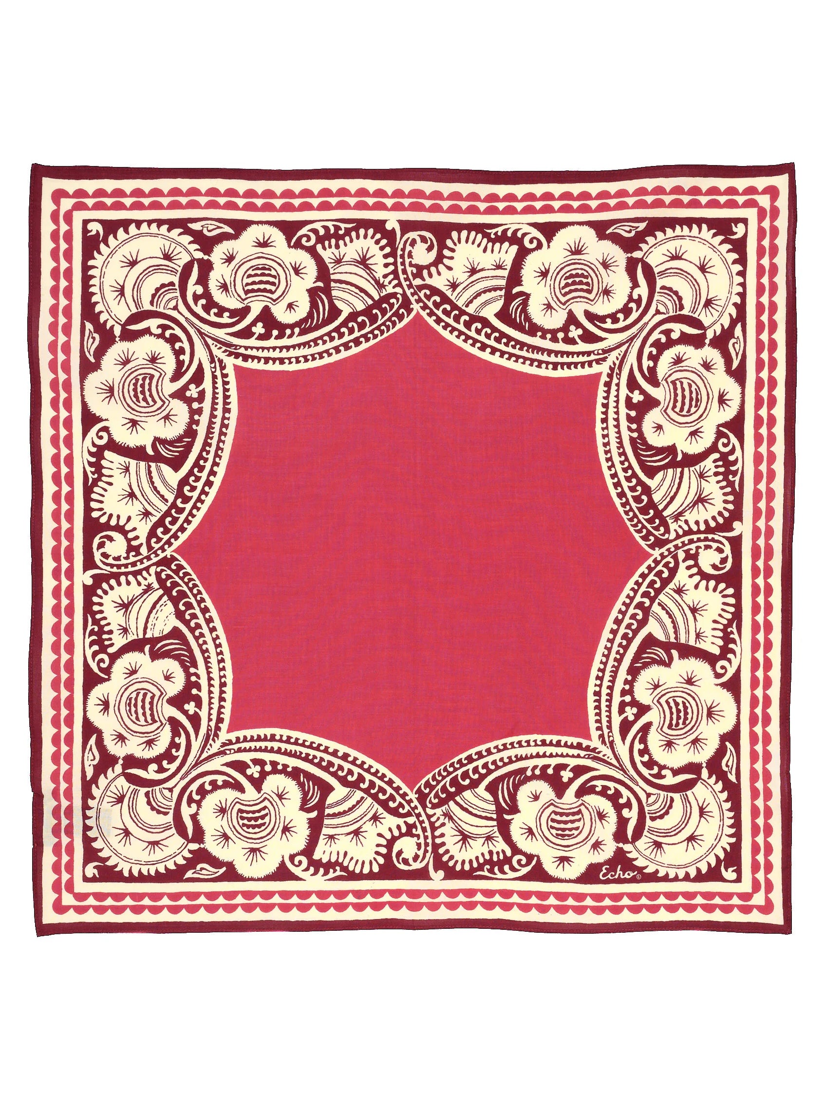 Fuchsia bandana with cream & maroon ornate floral border and red scalloped trim.