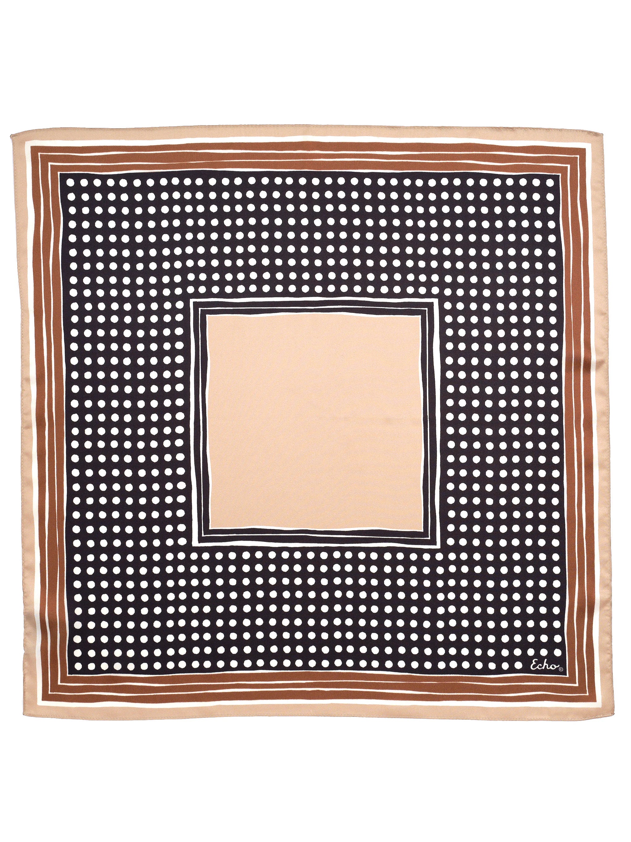 Square bandana with tan outer border, brown and white stripes. Dark navy with white polka dots surround a solid tan center.
