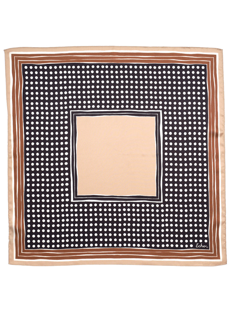 Square bandana with tan outer border, brown and white stripes. Dark navy with white polka dots surround a solid tan center.