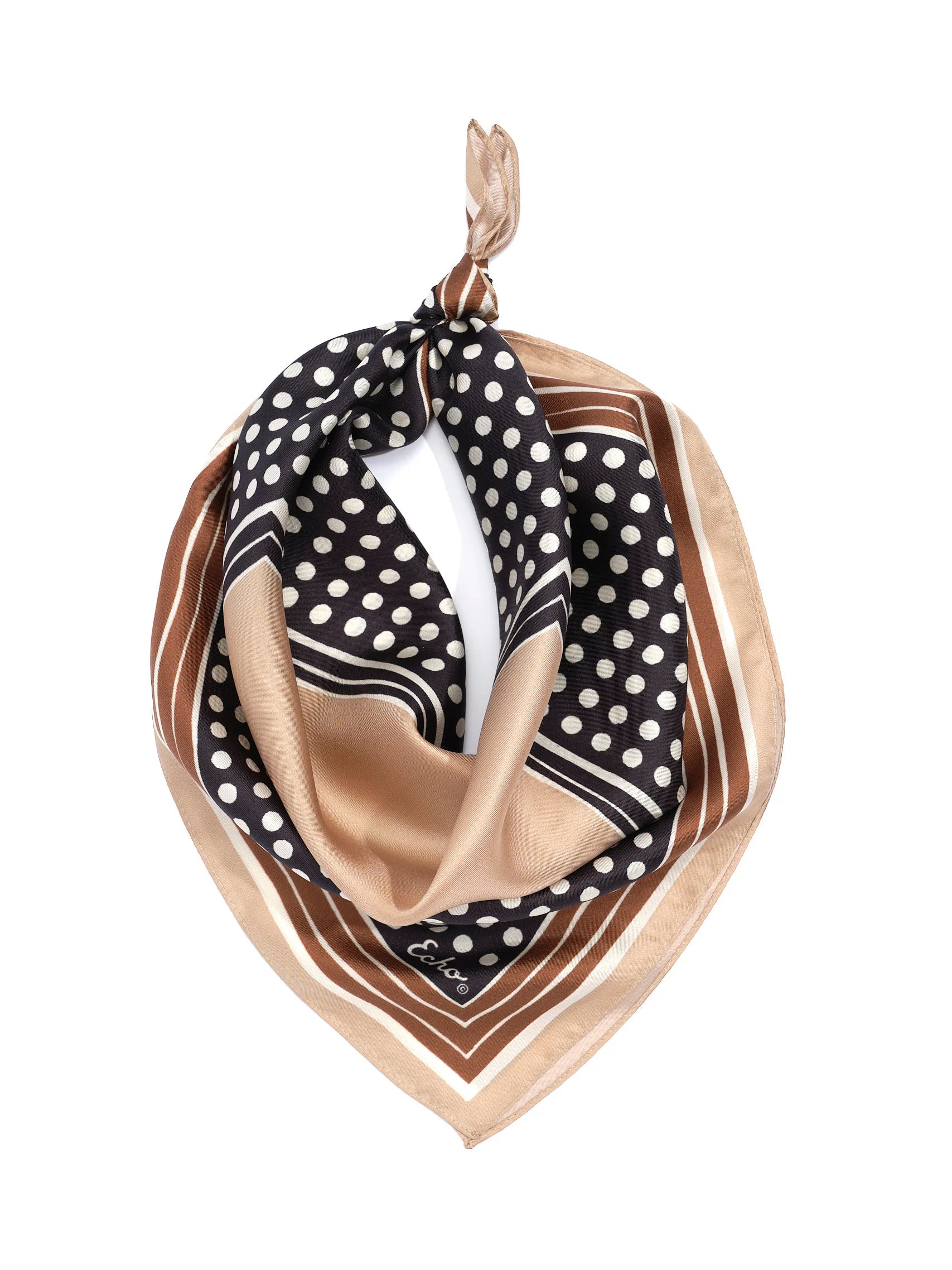 Knotted dark brown silk bandana with white polka dots and tan, brown striped borders.