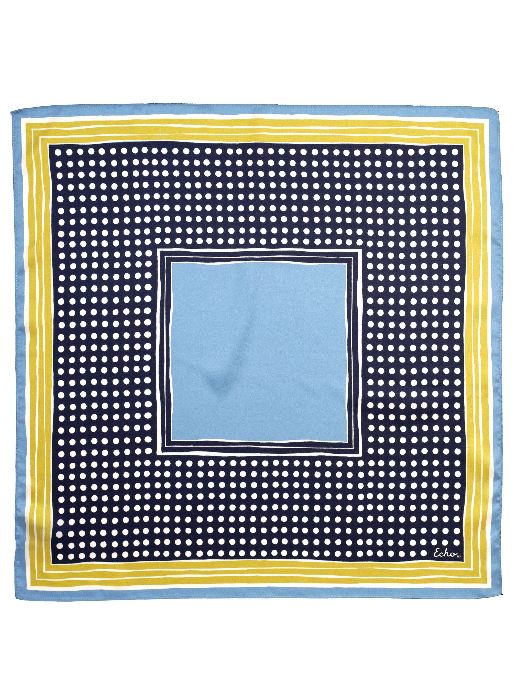 Square bandana: light blue center, navy/white polka dot field, bordered by white, yellow, & light blue stripes.