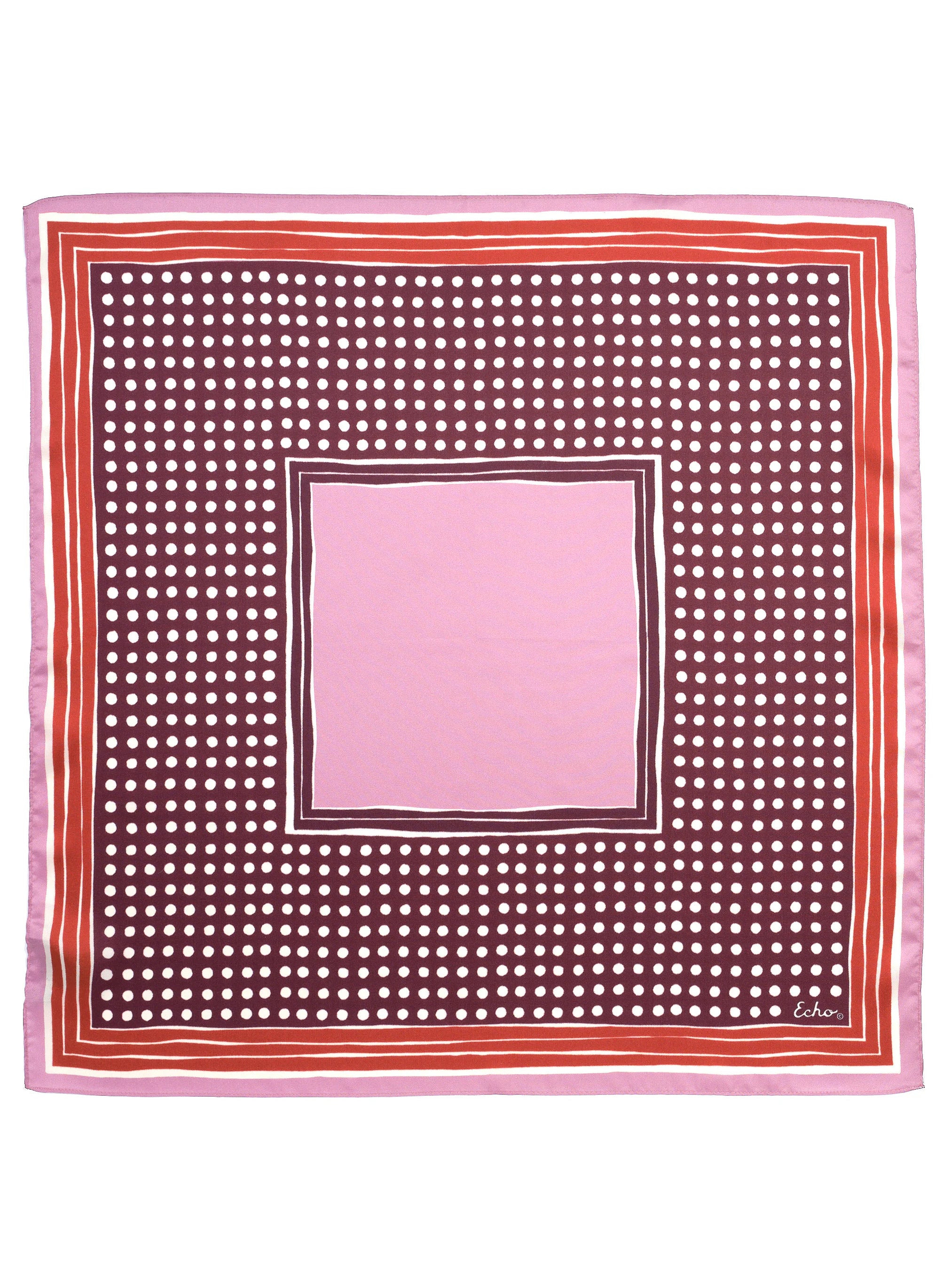 Square bandana: white polka dots on burgundy, framed by pink, red-orange & white stripes, with a solid pink center.