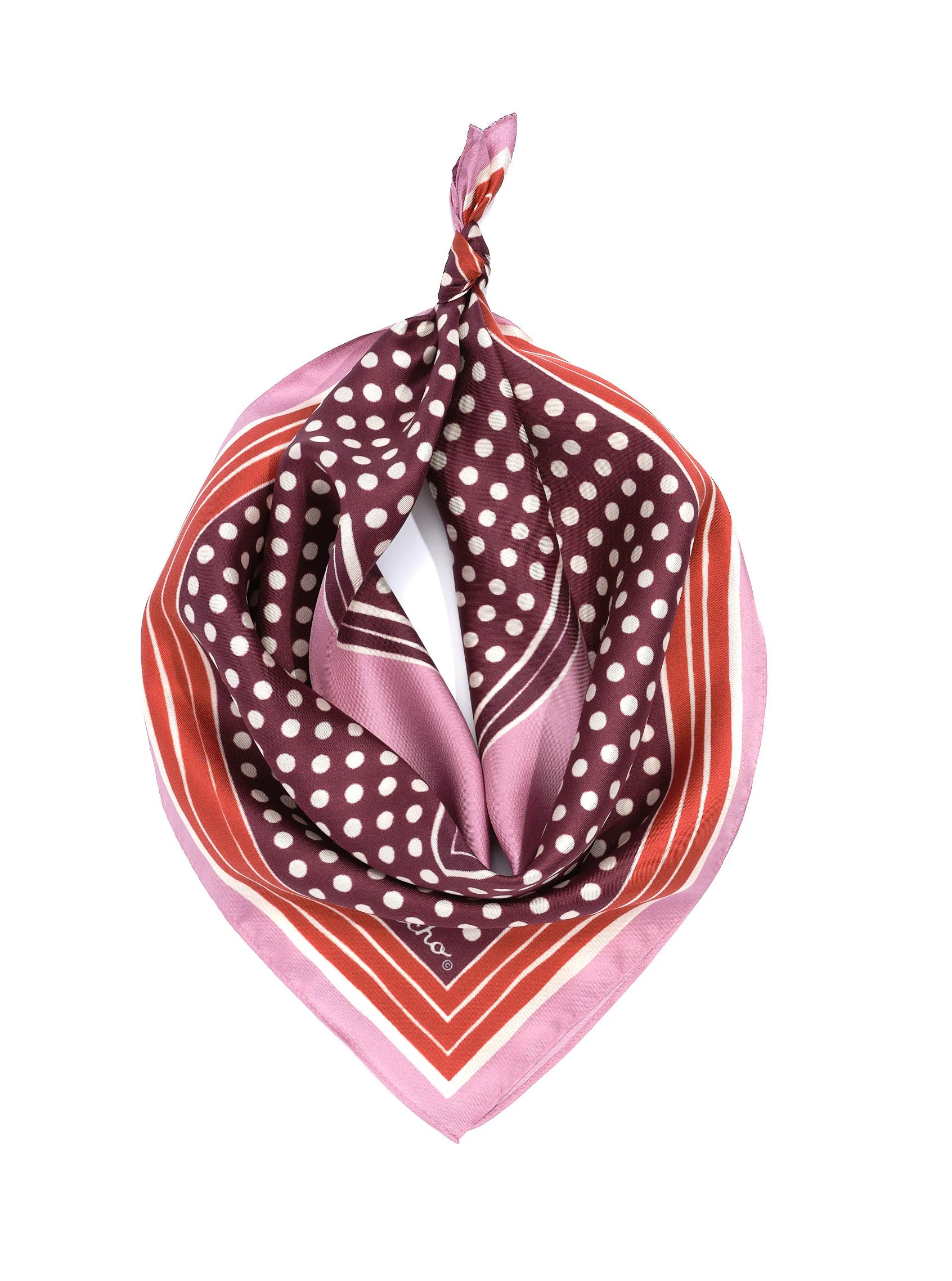 Burgundy bandana with white polka dots, pink, orange-red, and white striped border, tied at top.
