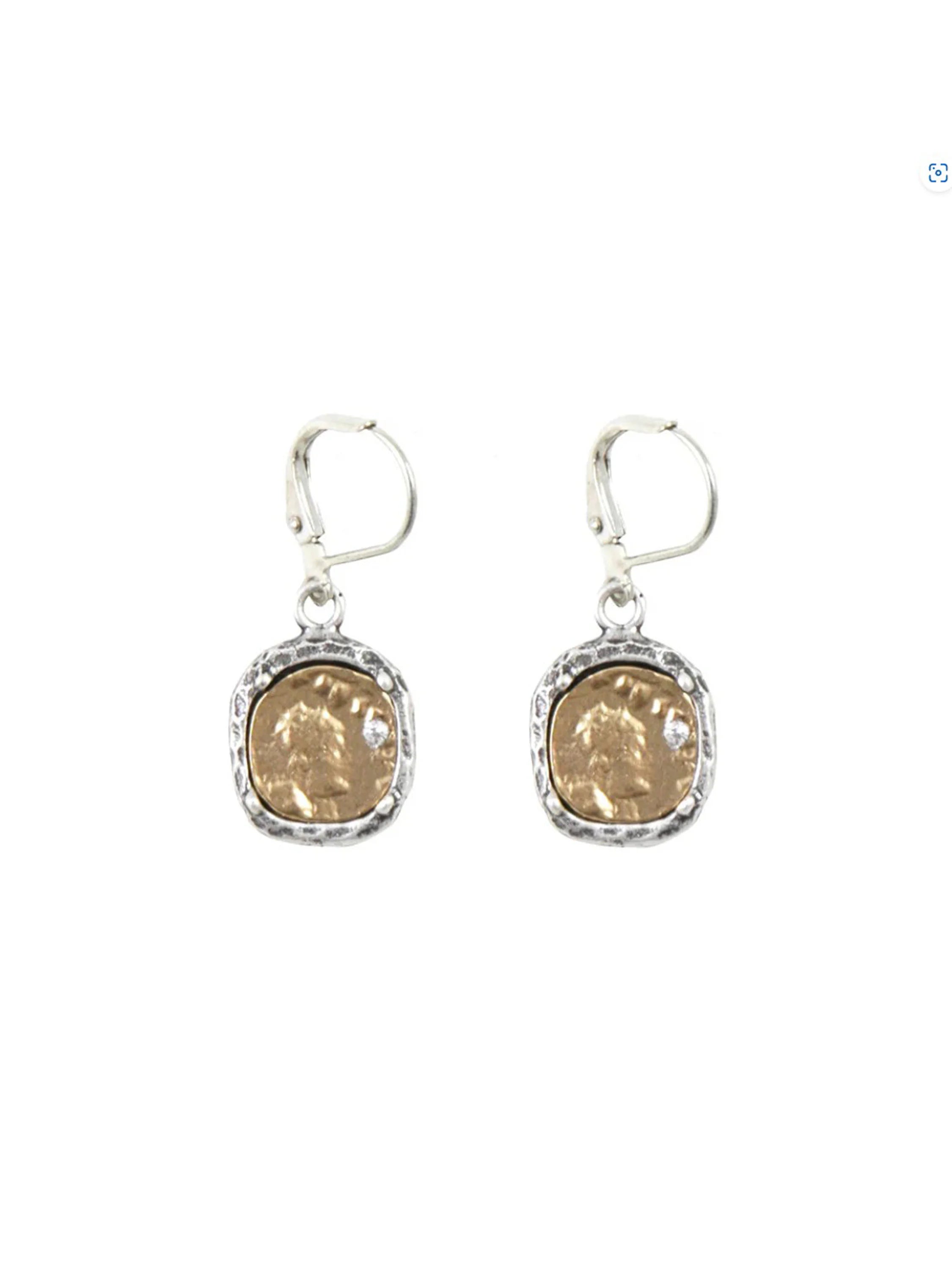 Pair of gold coin earrings; silver-tone textured frames; small clear stones.