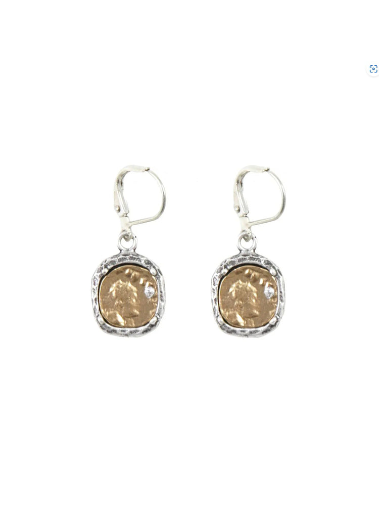 Pair of gold coin earrings; silver-tone textured frames; small clear stones.