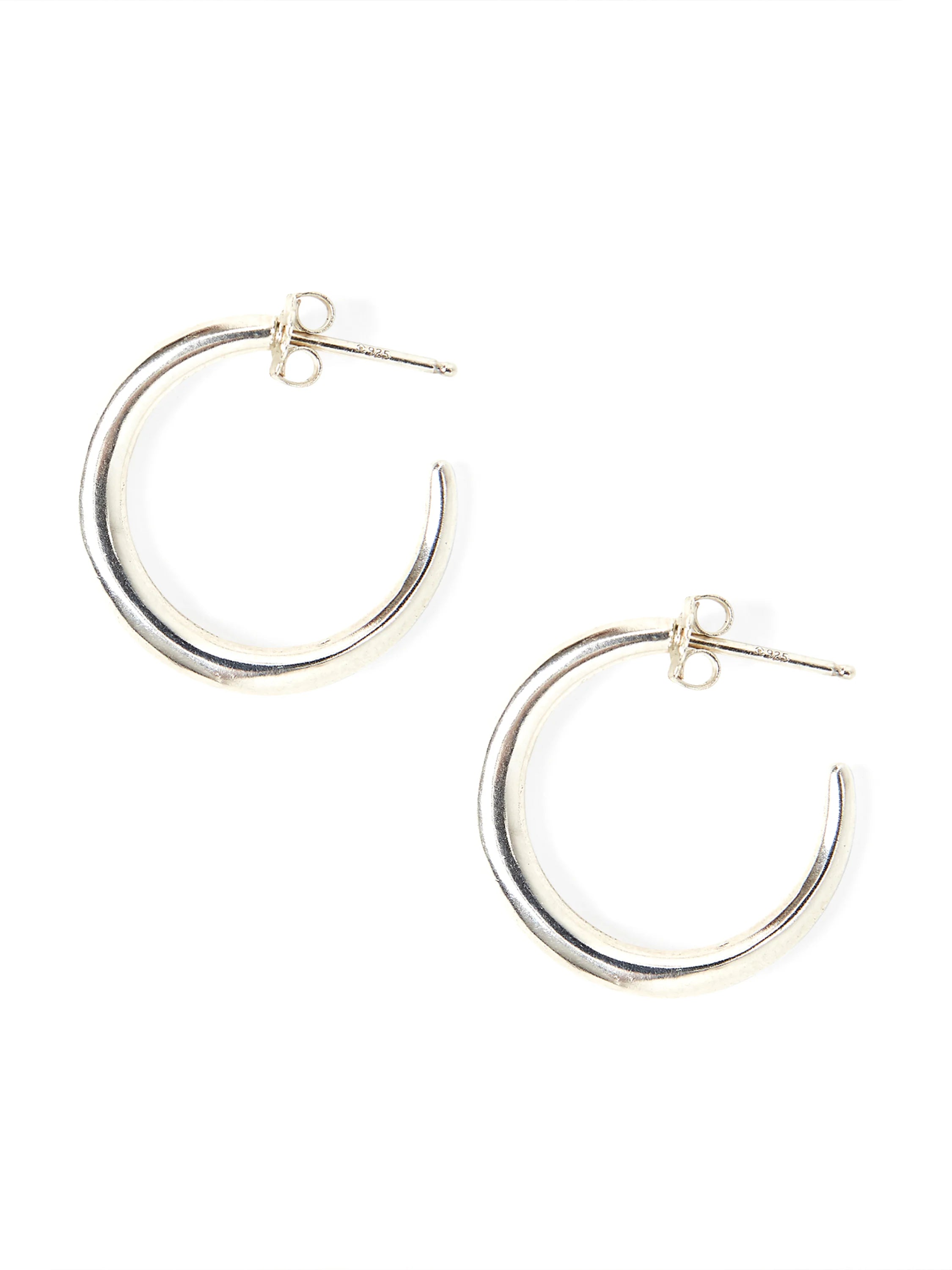 Silver hoop earrings; simple, smooth, slightly curved. Post-back closure.