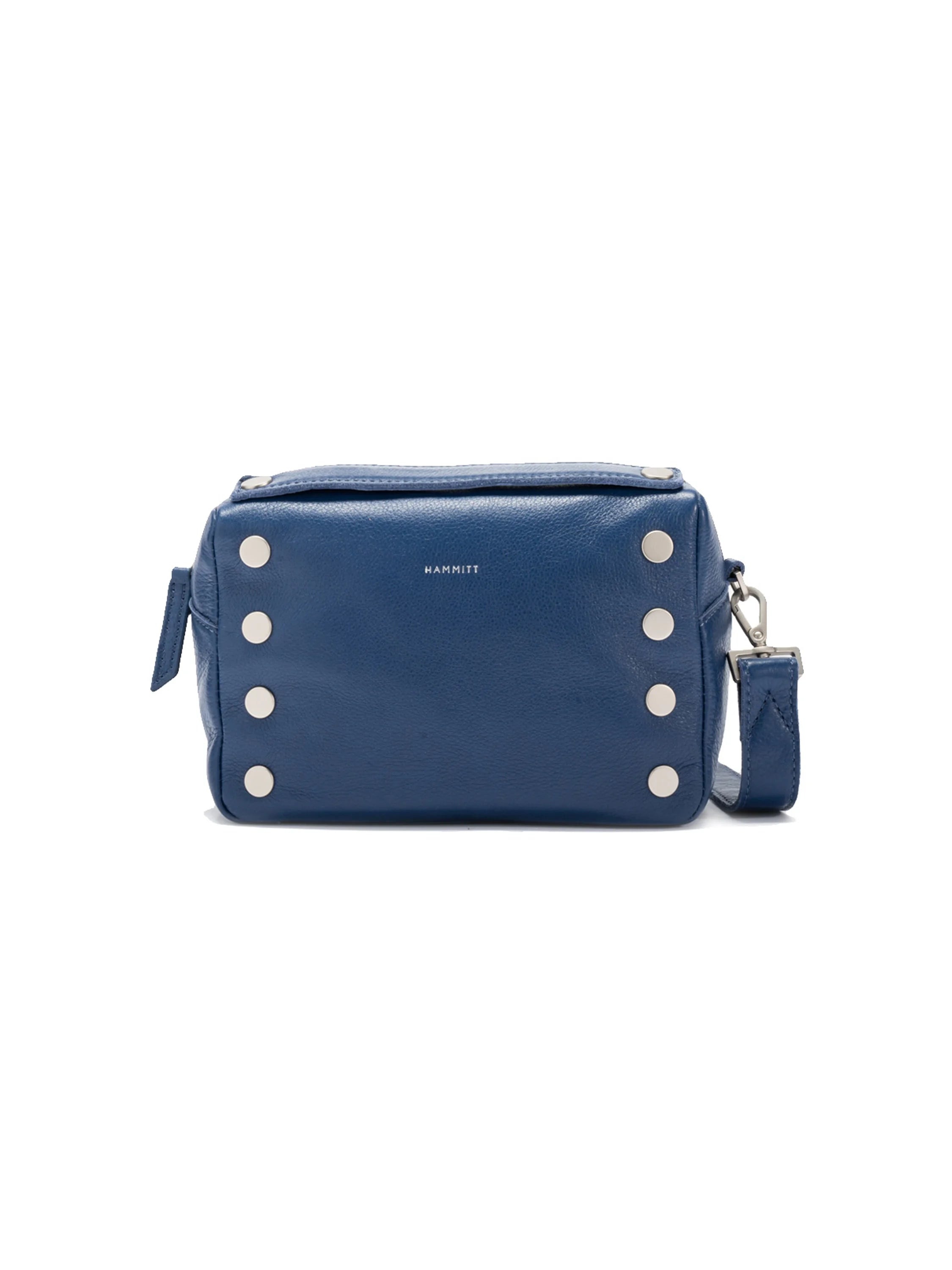Dark blue leather crossbody bag, small size; silver studs and strap.