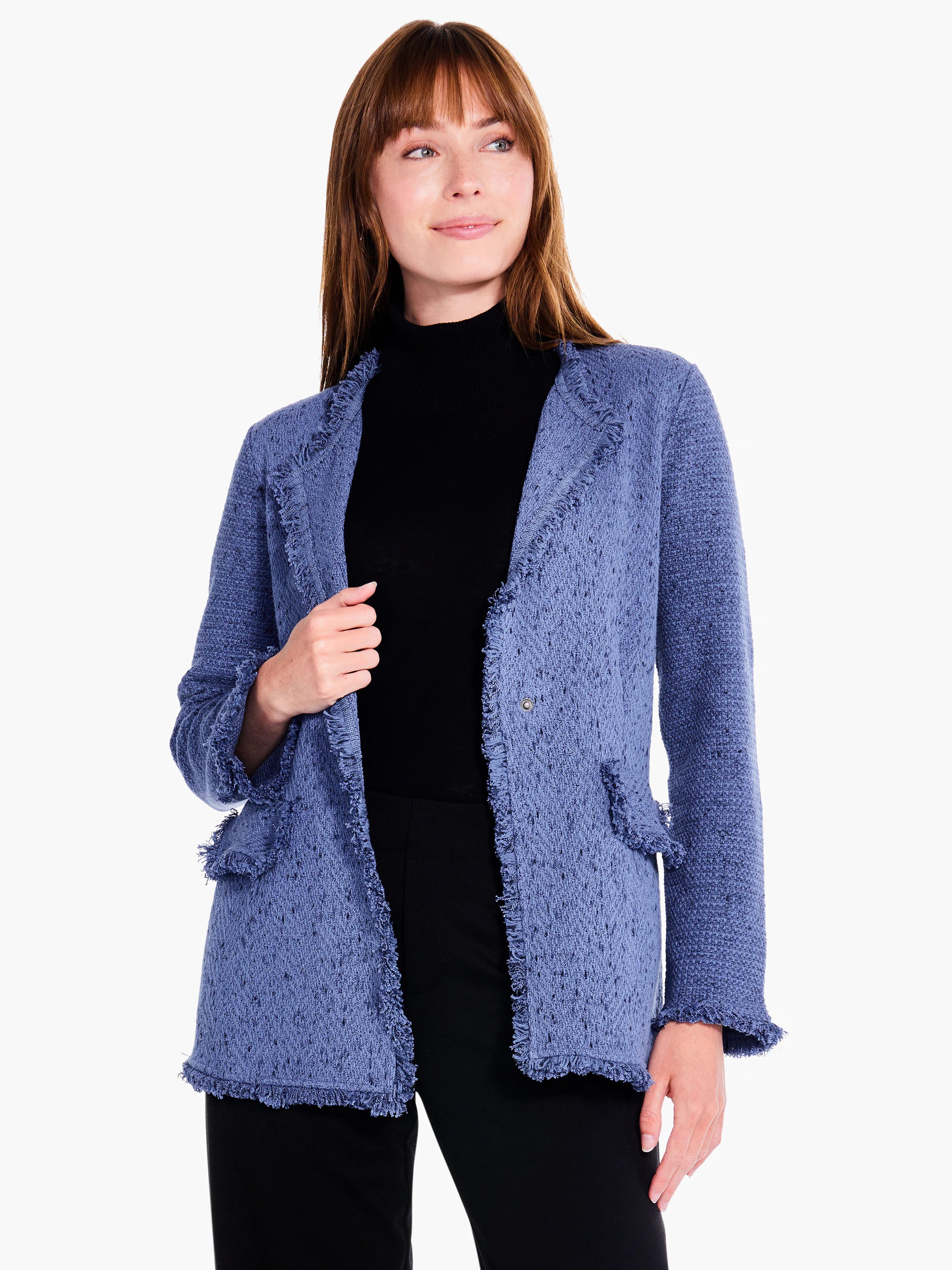Blue knit blazer with fringe trim. Open front, textured fabric.