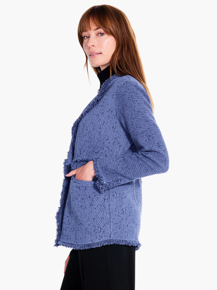 Dusty blue knit blazer with fringe trim. Textured fabric, open front.