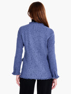 Here's alt text under 125 characters:
"Dusty blue knit blazer, shown from the back.  Features a textured weave and...