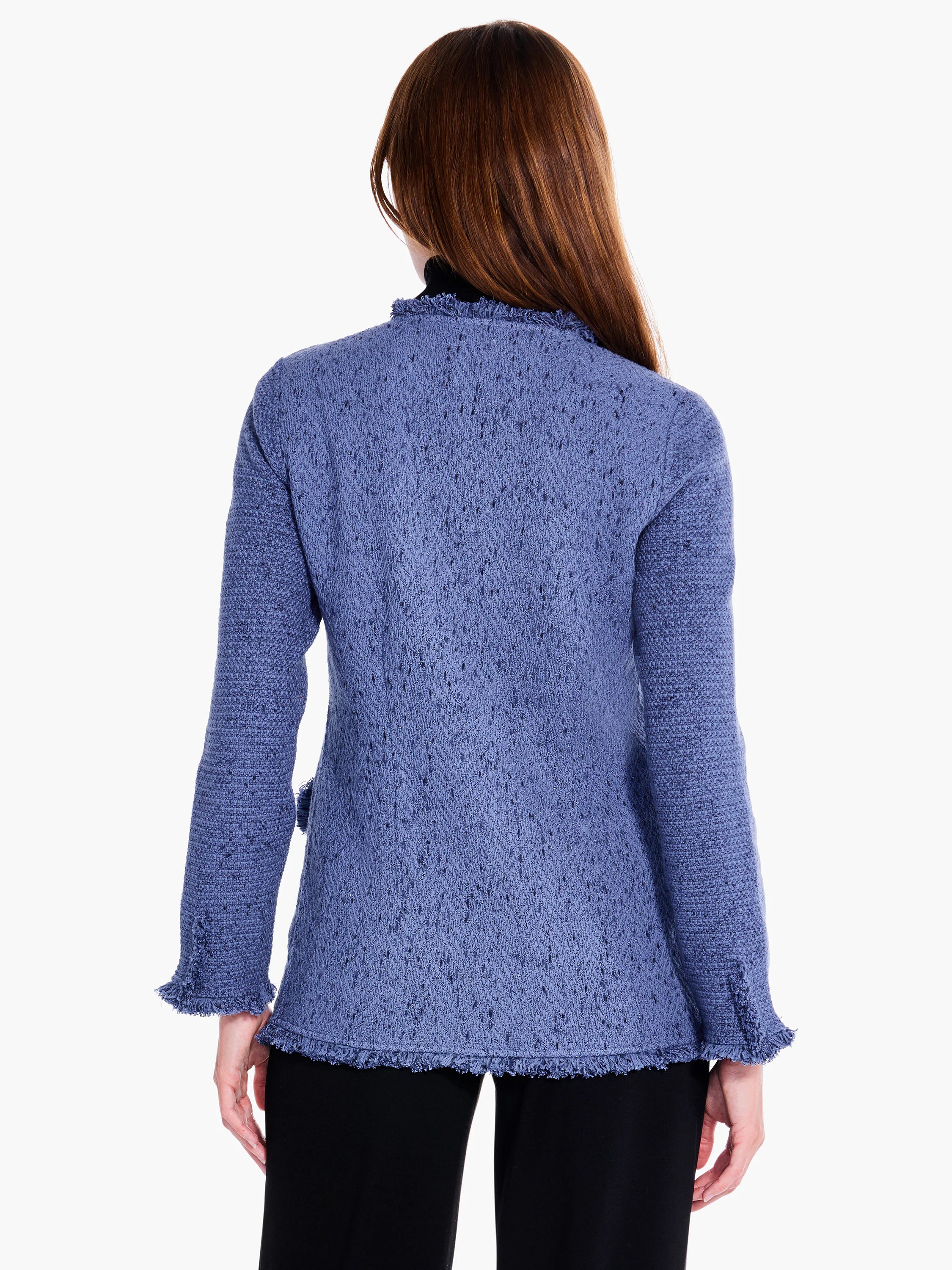 Here's alt text under 125 characters:
"Dusty blue knit blazer, shown from the back.  Features a textured weave and...