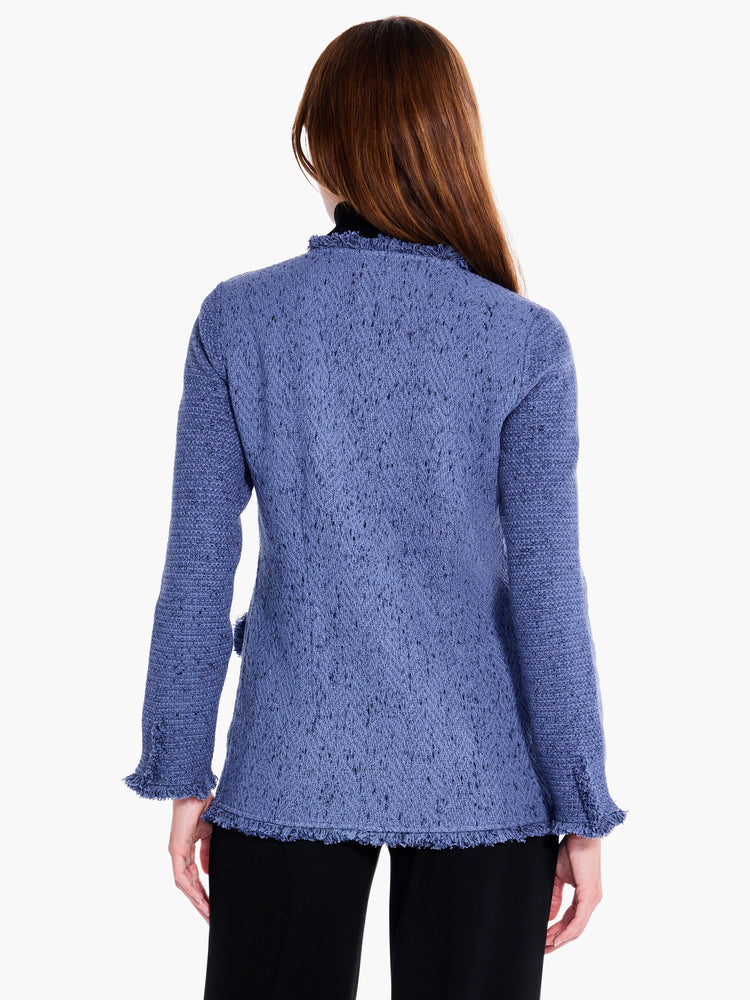 Here's alt text under 125 characters:
"Dusty blue knit blazer, shown from the back. Features a textured weave and...